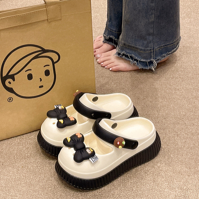 增高洞洞鞋女夏季时尚外穿可爱蝴蝶结厚底防滑沙滩包头两穿凉拖鞋