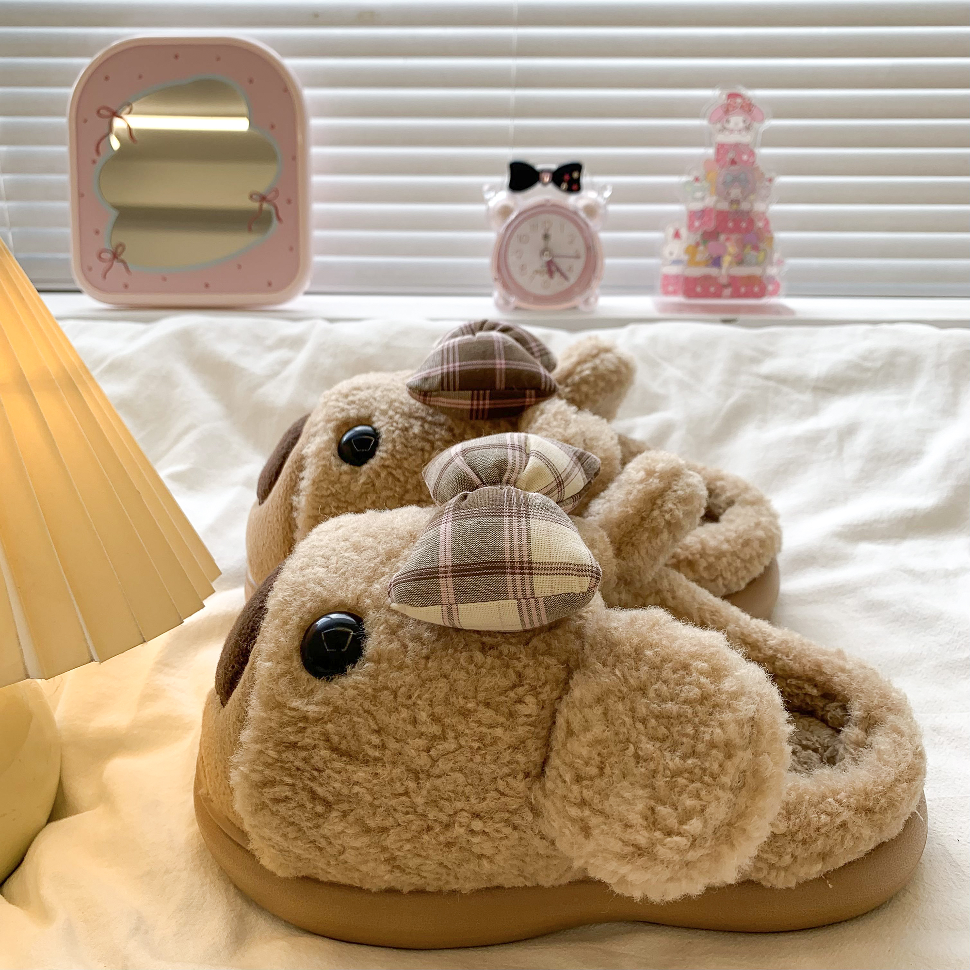 俏绘可爱大头蝴蝶结厚底毛毛拖鞋