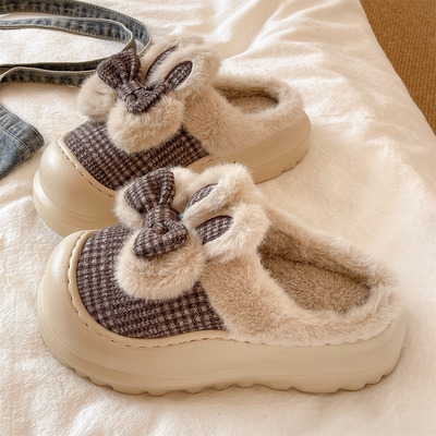 俏绘可爱格子蝴蝶结兔耳棉拖鞋