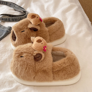 宿舍防滑厚底室内居家加绒保暖包跟棉鞋 可爱小熊毛毛棉拖鞋 女冬季