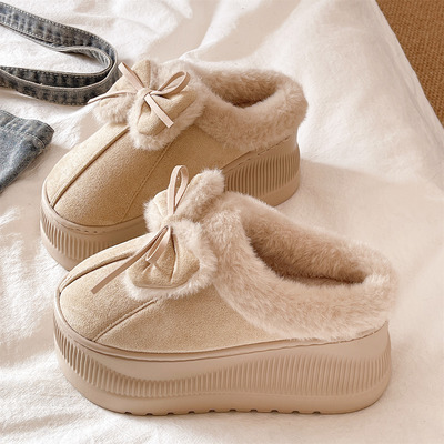 俏绘可爱蝴蝶结厚底高跟棉拖鞋