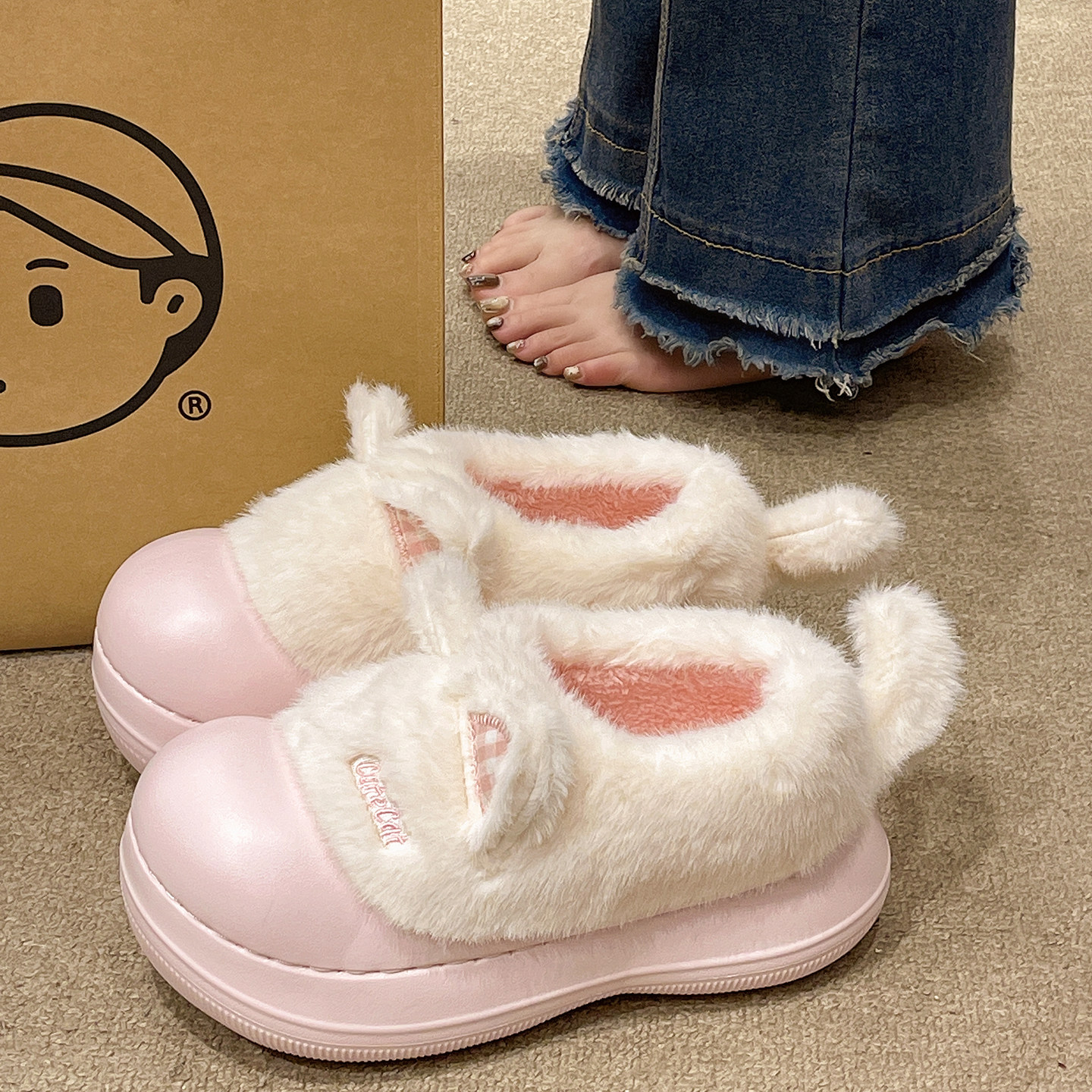 可爱猫耳棉拖鞋，居家外穿都可以