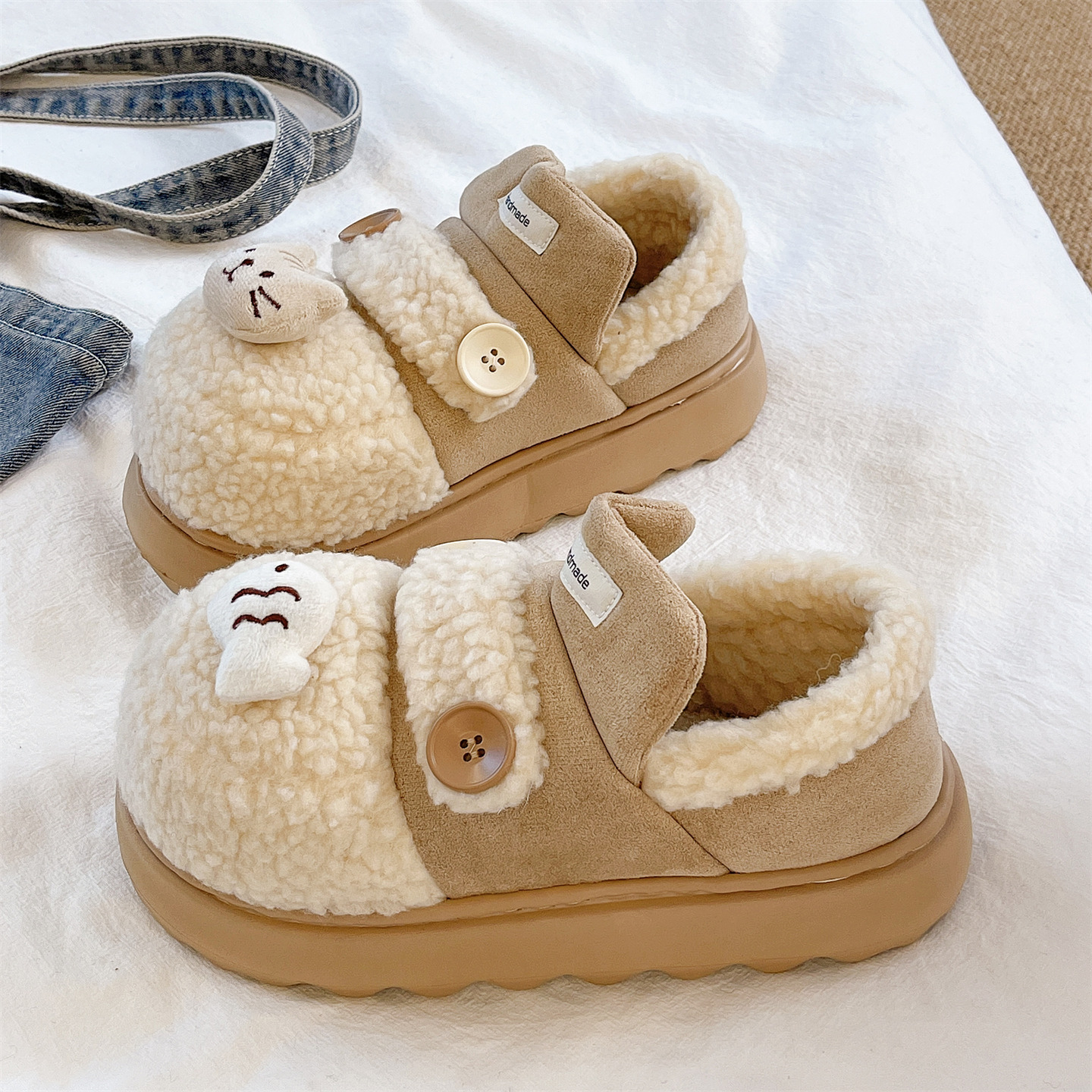 俏绘可爱猫鱼纽扣厚底包跟棉拖鞋