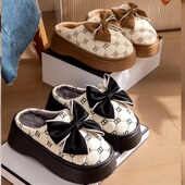 棉拖鞋 女款 时尚 冬季 蝴蝶结室内家居厚底保暖加绒皮面防水防滑拖鞋