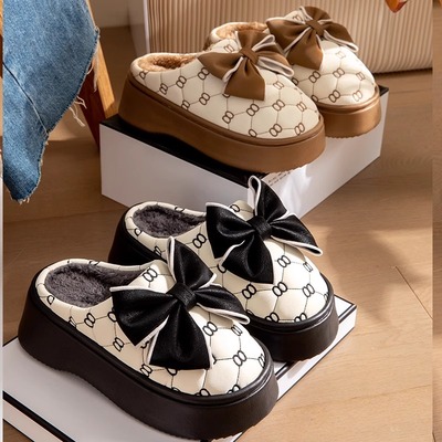 时尚蝴蝶结防水加绒棉拖鞋