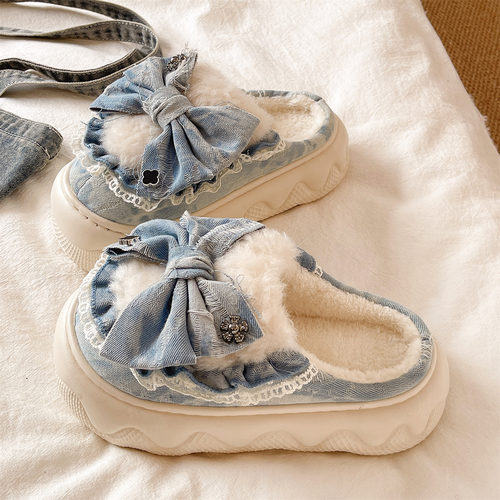 俏绘牛仔蝴蝶结厚底保暖毛毛拖鞋