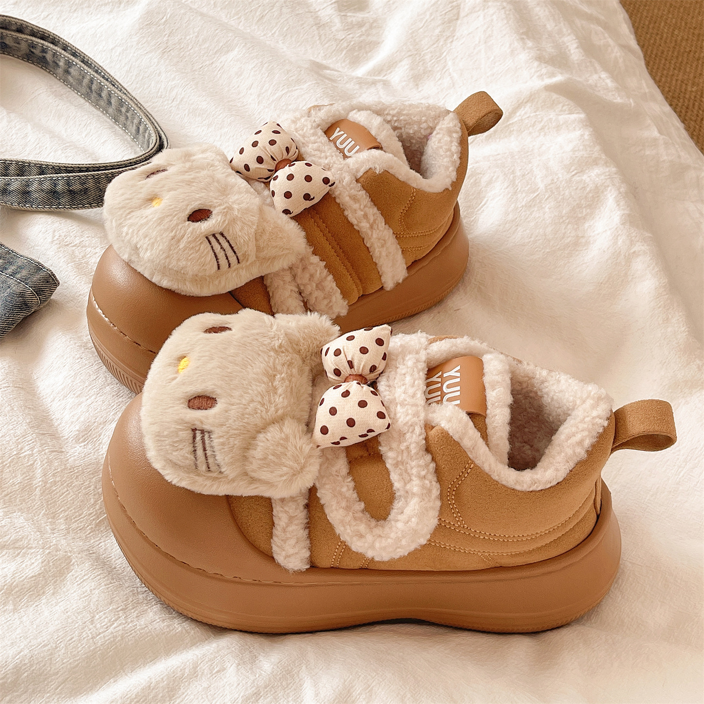 俏绘可爱蝴蝶结猫咪包跟棉拖鞋