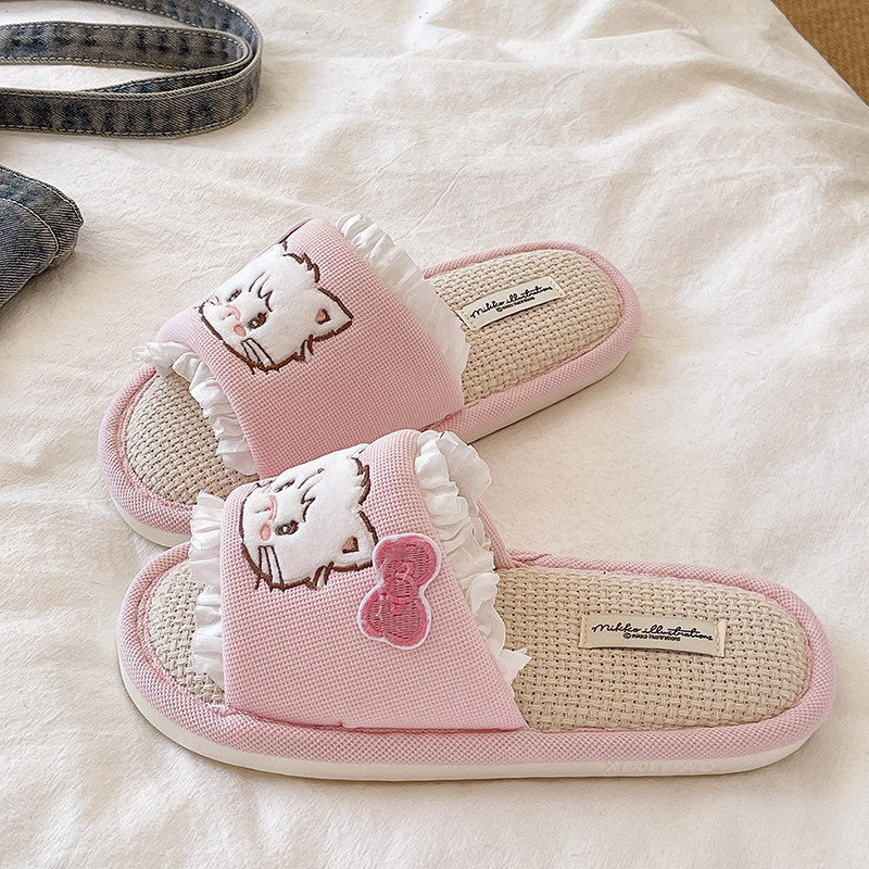 亚麻拖鞋女春秋季2025新款少女心可爱猫咪室内居家软底防滑一字拖