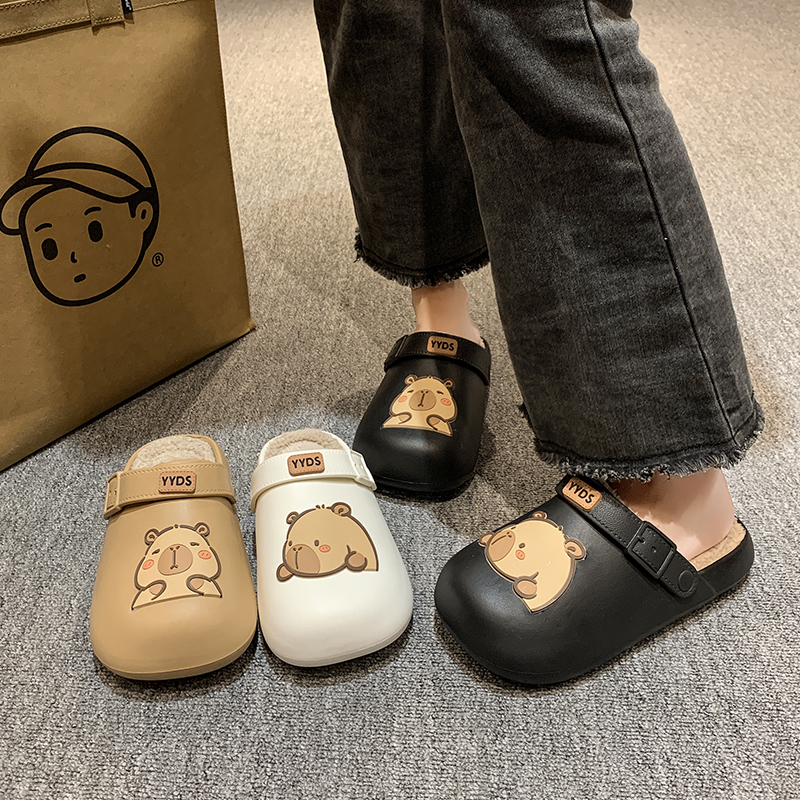 可爱河豚加绒包头棉拖鞋