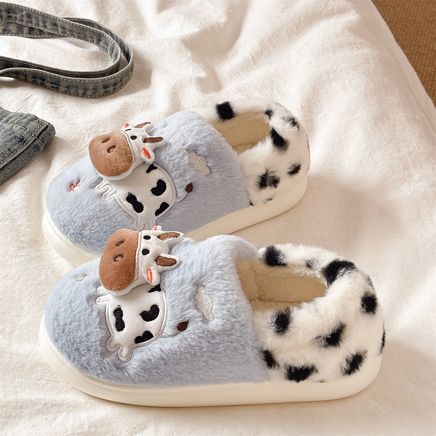 俏绘可爱卡通奶牛厚底包跟棉拖鞋