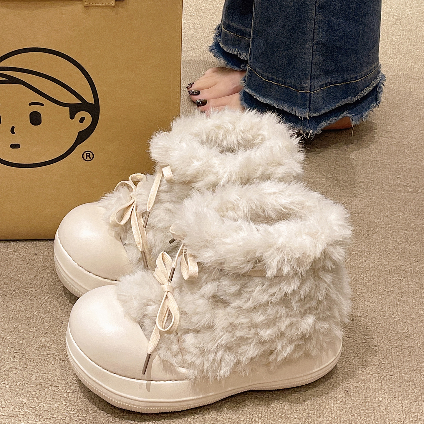 俏绘时尚蝴蝶结加绒高帮包跟棉鞋