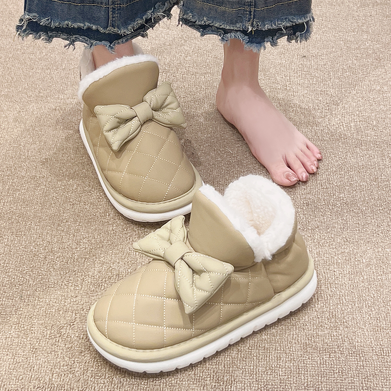 蝴蝶结加绒加厚保暖棉拖鞋