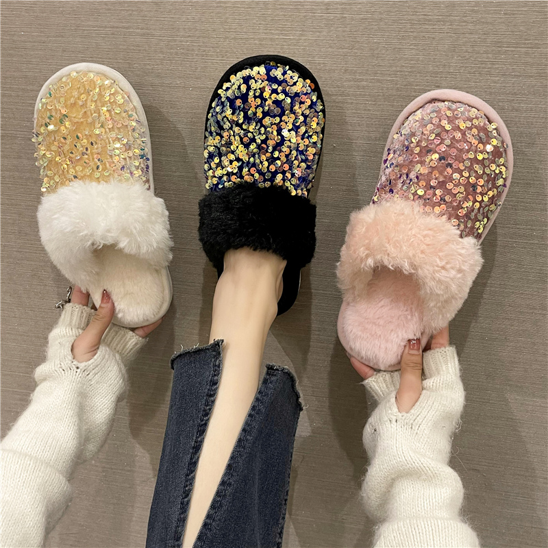 时尚亮片软底防滑居家棉拖鞋