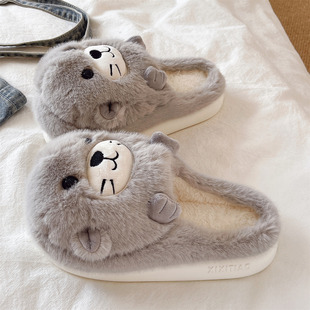 室内居家保暖厚底防滑包头毛毛拖鞋 冬季 女款 可爱小海狮毛绒棉拖鞋