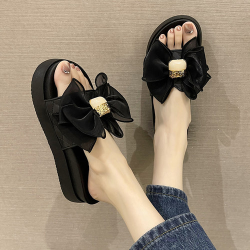 时尚蝴蝶结厚底增高松糕一字拖
