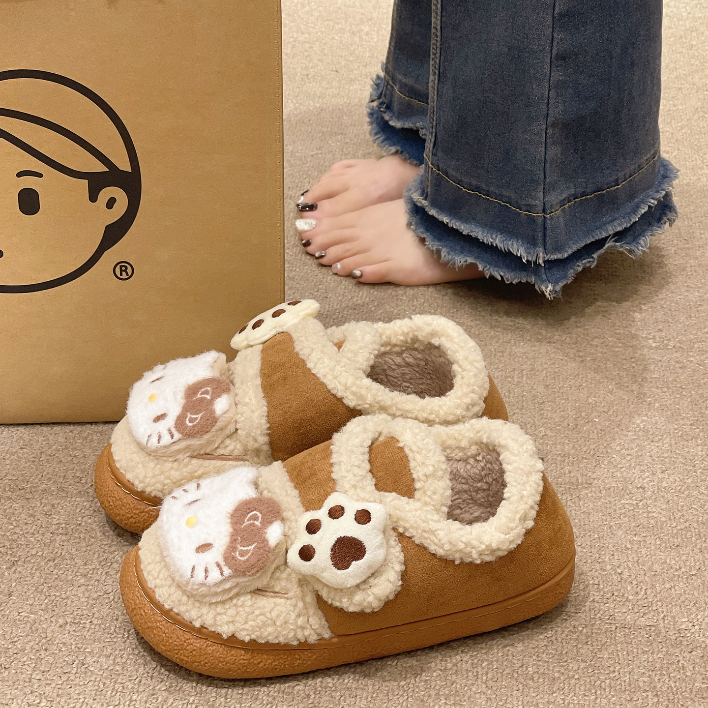 可爱猫咪爪子魔术贴棉鞋女款冬季外穿加绒保暖室内居家包跟棉拖鞋