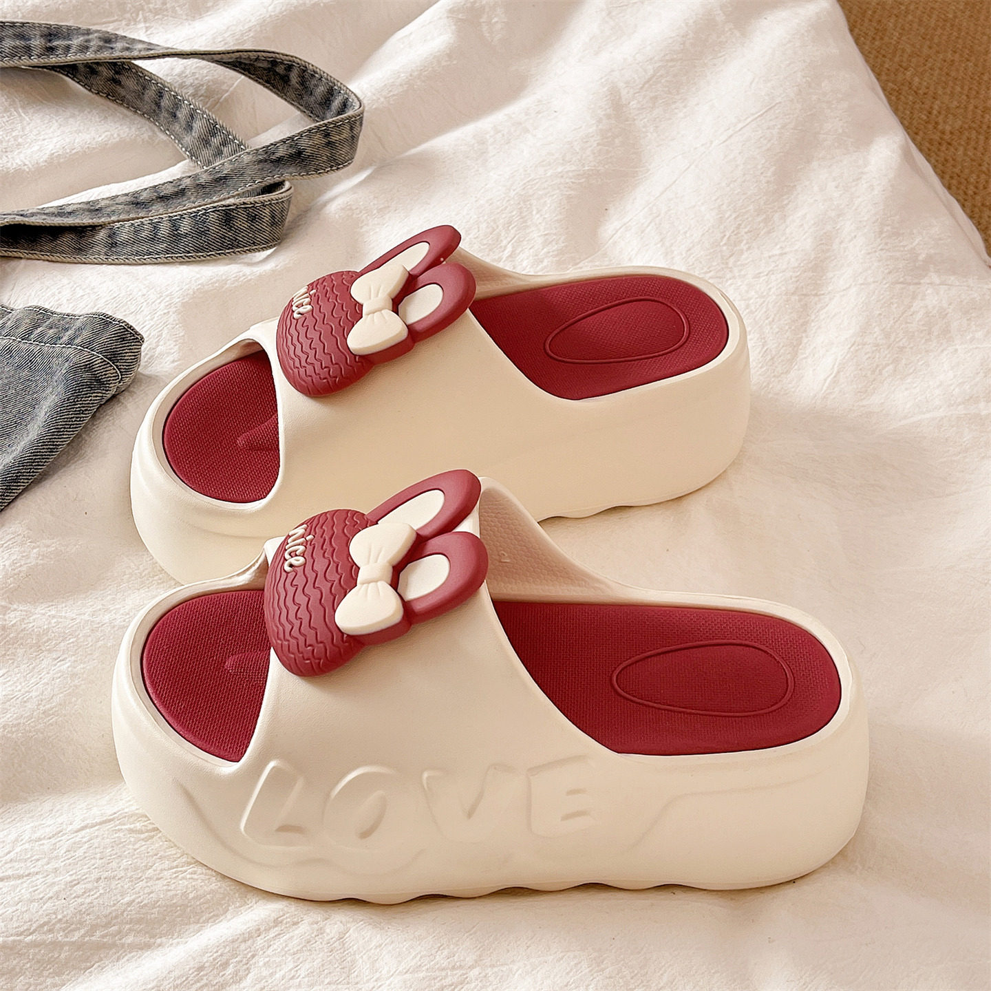 厚底高跟一字拖女士夏季外穿可爱蝴蝶结兔子踩屎感防滑沙滩凉拖鞋,女鞋,一字拖,淘宝优惠券,粉丝福利购,淘宝优惠卷