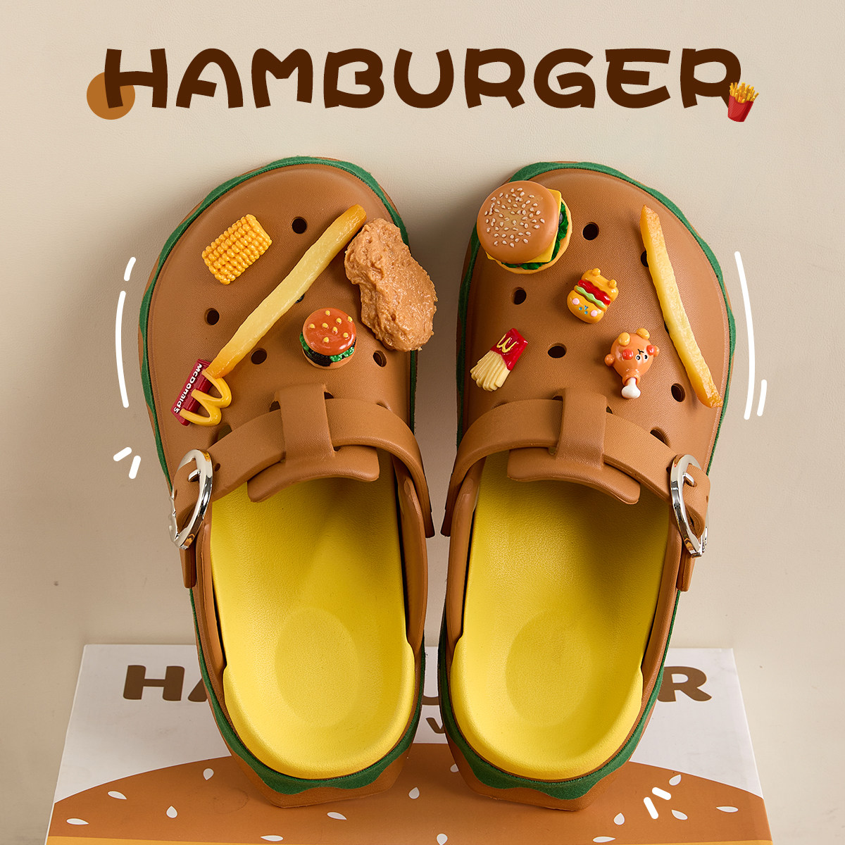 勃肯洞洞鞋女夏季外穿2025年新款卡通汉堡厚底防滑可爱包头凉拖鞋,女鞋,洞洞鞋,淘宝优惠券,粉丝福利购,淘宝优惠卷
