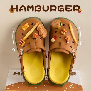 卡通汉堡厚底防滑可爱包头凉拖鞋 外穿2025年新款 女夏季 勃肯洞洞鞋