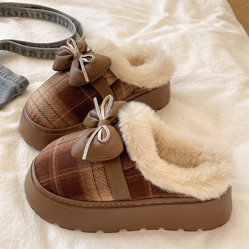 俏绘可爱蝴蝶结厚底保暖毛毛拖鞋