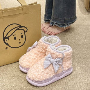 外穿可爱蝴蝶结毛绒保暖室内居家厚底棉拖鞋 高帮包跟棉鞋 女士冬季