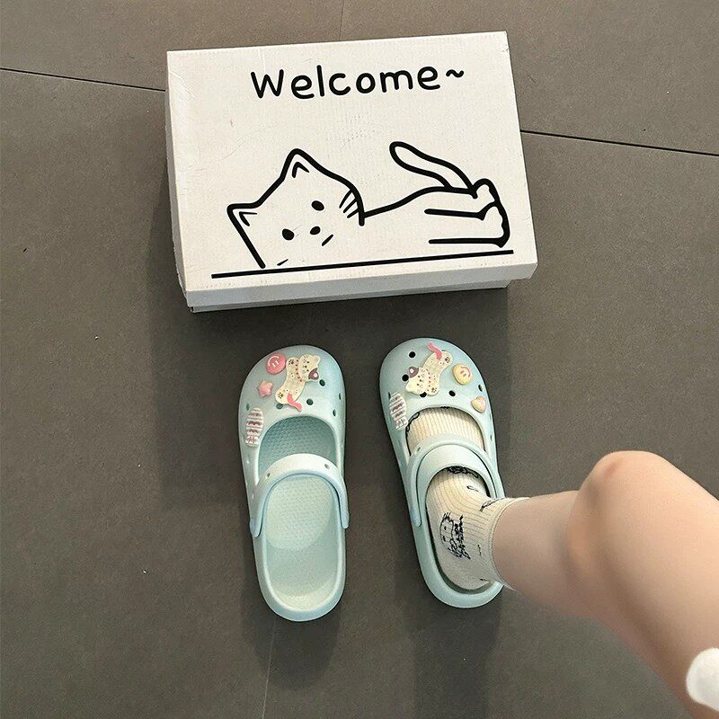 少女风卡通小猫洞洞鞋女2026夏防滑厚底一脚蹬居家外穿包头凉拖鞋
