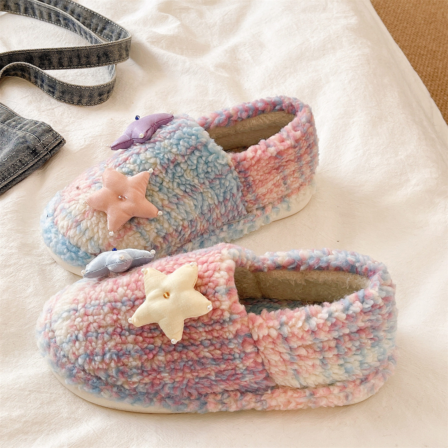 新款棉拖鞋女冬季外穿可爱星星拼色防滑包跟保暖毛绒居家室内棉鞋,女鞋,毛毛鞋,淘宝优惠券,粉丝福利购,淘宝优惠卷