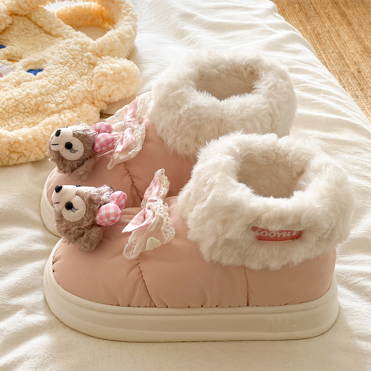 俏绘可爱蝴蝶结小熊厚底包跟棉鞋