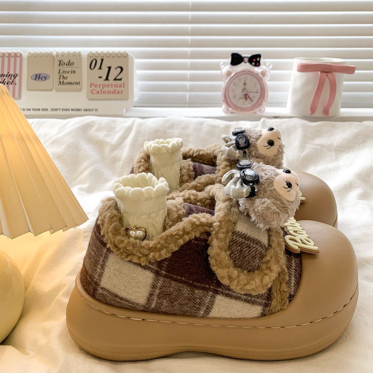 厚底增高魔术贴加绒保暖可爱棉鞋