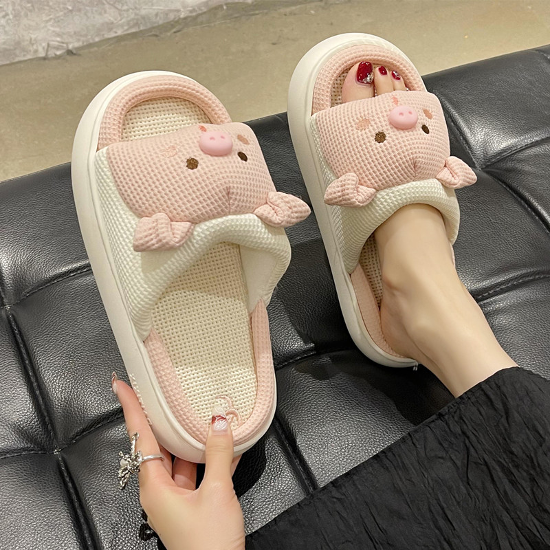 可爱亚麻小猪踩屎感拖鞋