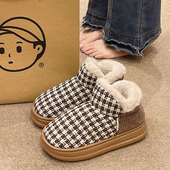 时尚 加绒保暖居家可外穿加绒加厚保暖包跟棉鞋 千鸟格棉拖鞋 女冬季