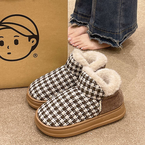 时尚千鸟格加绒加厚包跟棉鞋