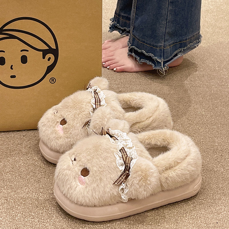 可爱蕾丝蝴蝶结包跟棉拖鞋