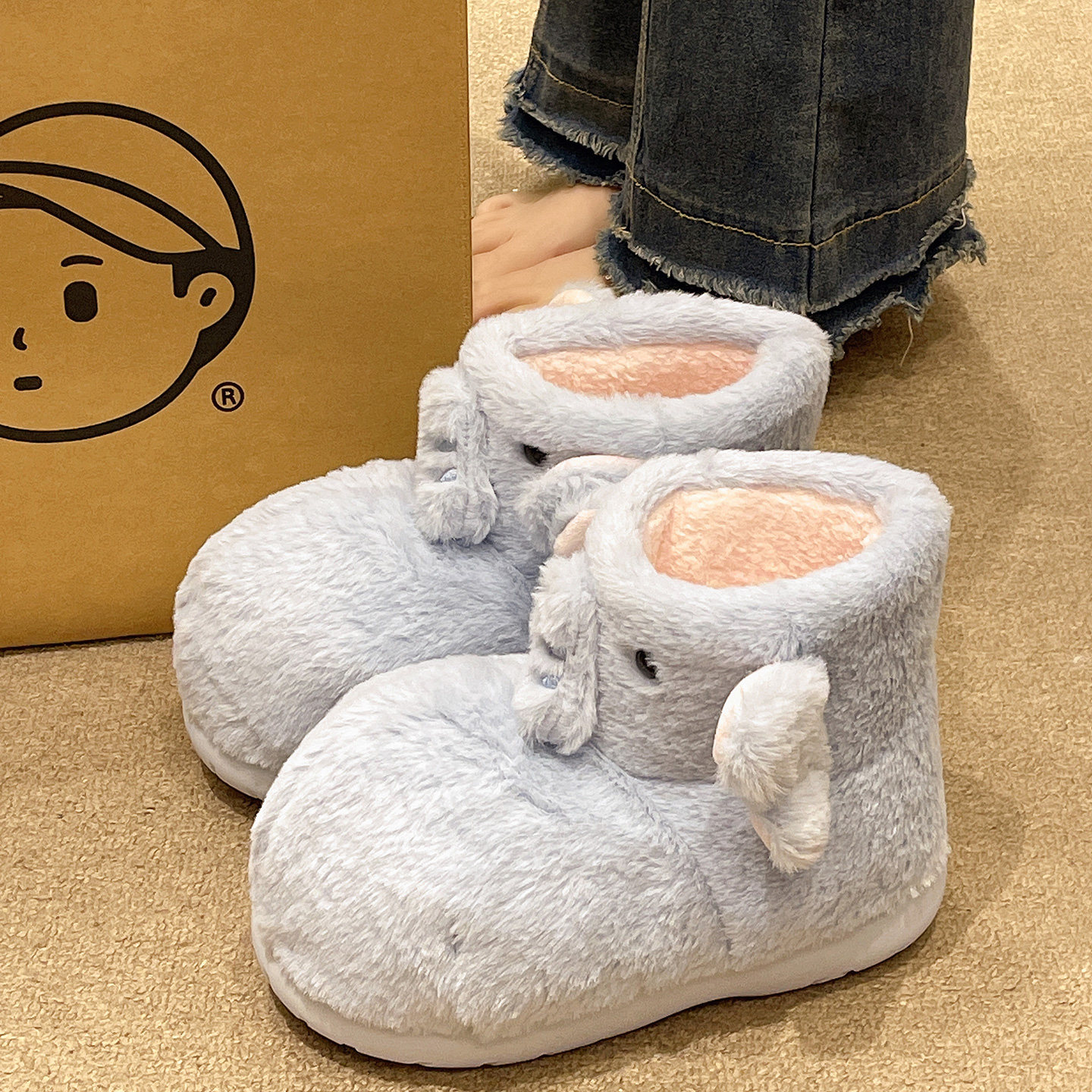 软萌可爱小象毛毛棉拖鞋女冬季室内外穿包跟保暖防滑加绒高帮棉靴,女鞋,毛毛鞋,淘宝优惠券,粉丝福利购,淘宝优惠卷