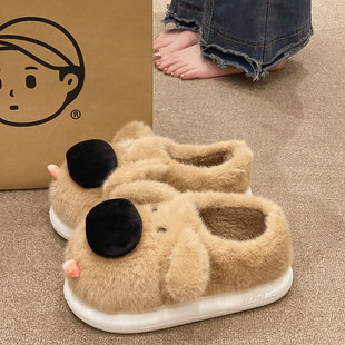 男 外穿毛绒保暖情侣室内居家防滑包跟棉鞋 可爱大鼻狗棉拖鞋 女冬季
