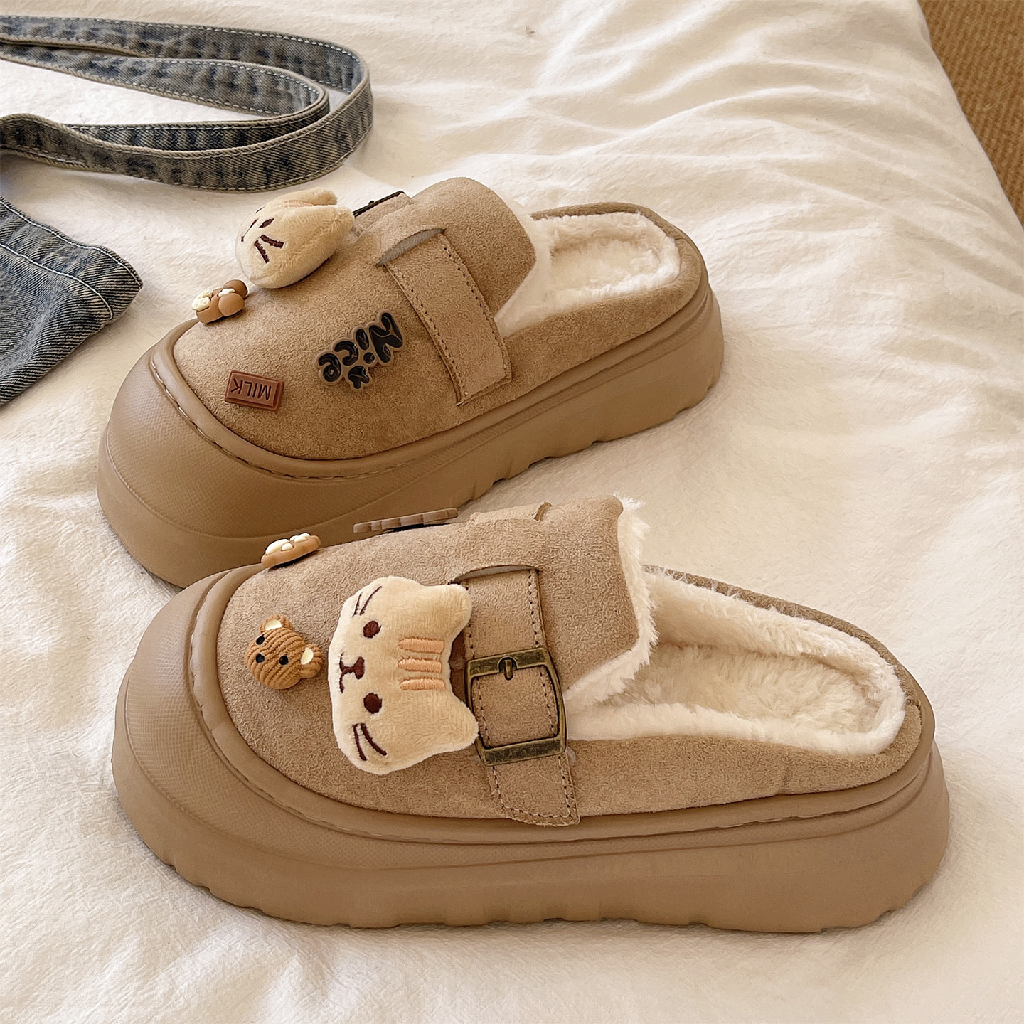 俏绘可爱猫咪保暖包头勃肯棉拖鞋