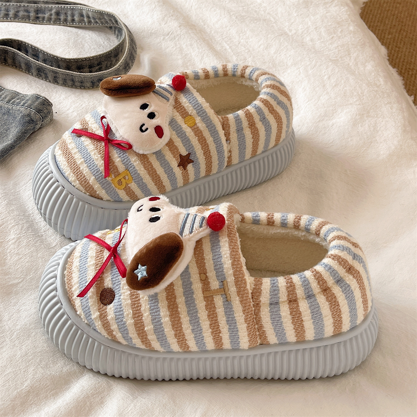 可爱条纹小狗棉拖鞋，居家外穿都可以