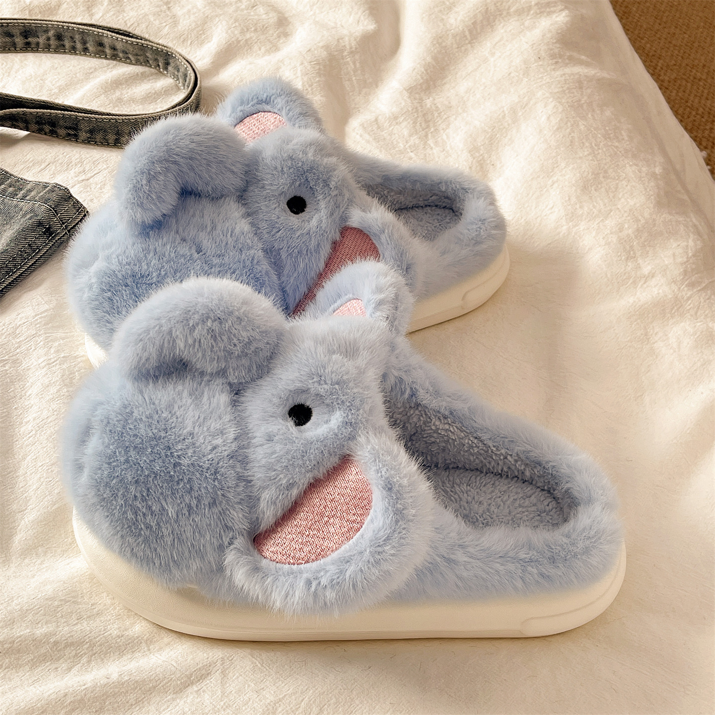 俏绘可爱小象厚底情侣保暖棉拖鞋