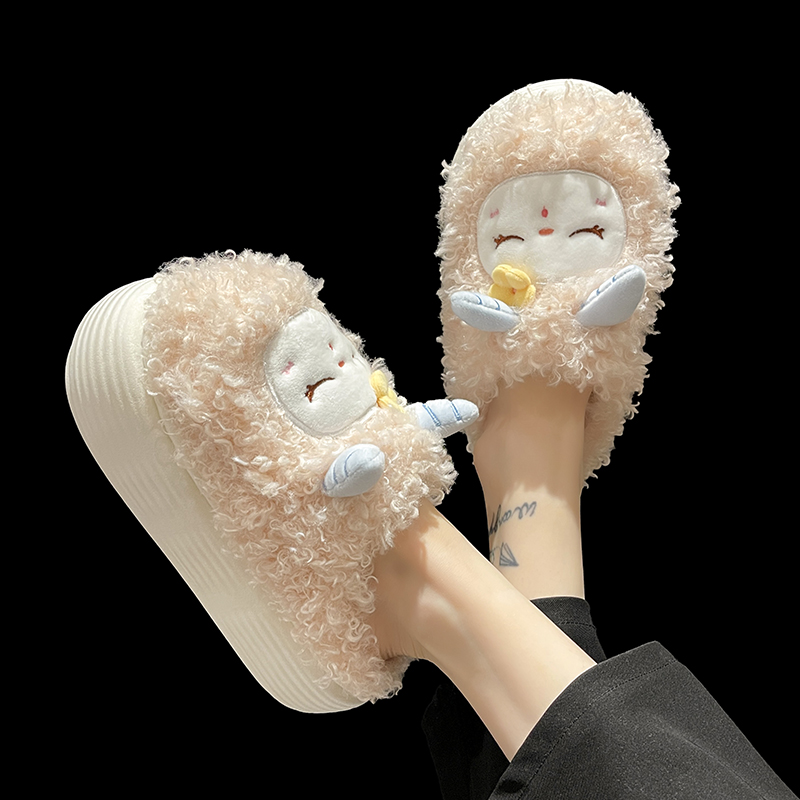 可爱小羊毛绒保暖厚底高跟棉拖鞋