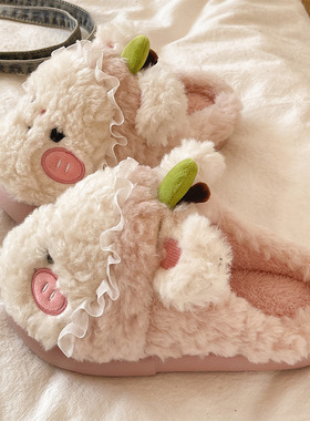 可爱小苹果毛毛鞋女冬季居家室内毛绒保暖包头厚底防滑月子棉拖鞋