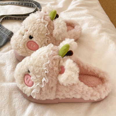 可爱小苹果毛毛鞋女冬季居家室内毛绒保暖包头厚底防滑月子棉拖鞋