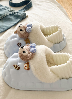 可爱小熊毛毛鞋女冬季室内外穿防滑踩屎感包头加绒保暖防水棉拖鞋