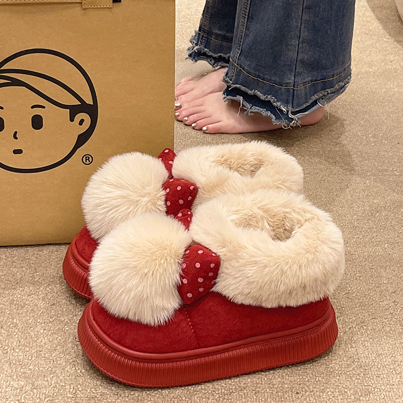 可爱蝴蝶结毛球包跟棉靴