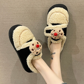 可爱曲奇室内家居保暖防滑外穿包跟月子棉鞋 加绒毛毛棉拖鞋 女冬季