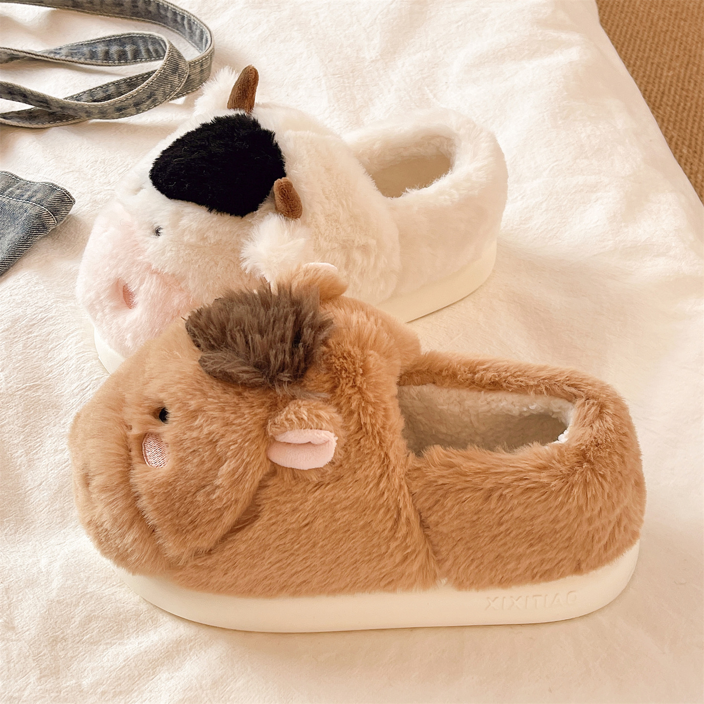 俏绘可爱牛马厚底保暖包跟棉拖鞋