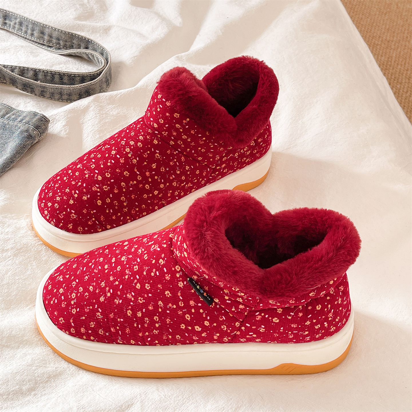 俏绘可爱碎花加绒厚底包跟棉鞋