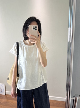 wenlustore夏季新款韩系通勤纯亚麻蕾丝拼接镂空短袖衬衫上衣女
