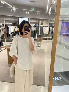 夏季 純亞麻后背紐扣大版 型麻料襯衫 套頭T恤女 新款
