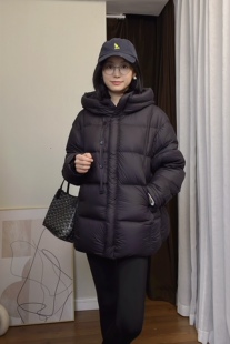 wenlustore冬季新款宽松保暖连帽设计90白鸭绒中长款羽绒服外套