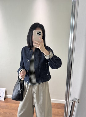 wenlustore秋季新款原牛袖口卷边翻领短款牛仔外套女